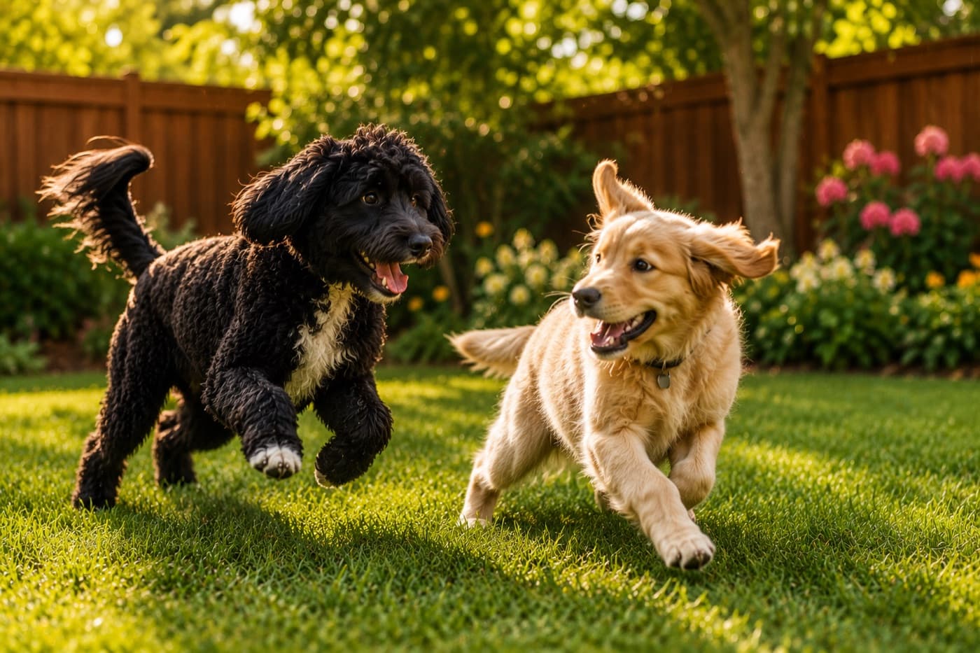 Two dogs of different breeds playing happily together in a sunny backyard