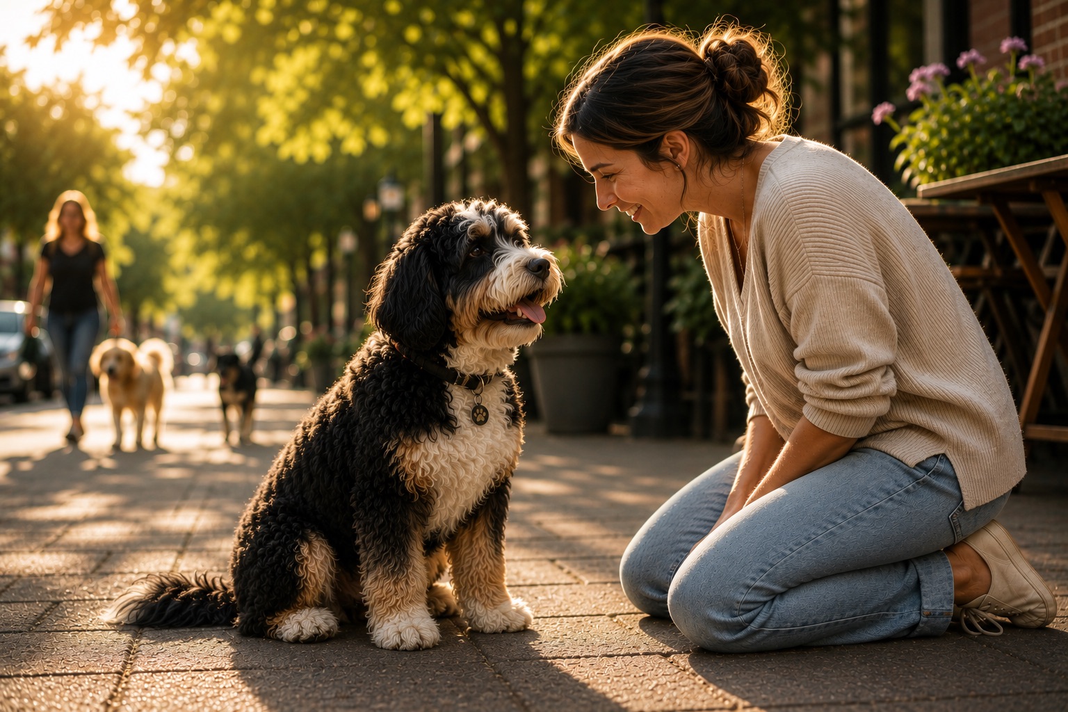 A new owner kneeling to meet their dog at eye level in warm light.