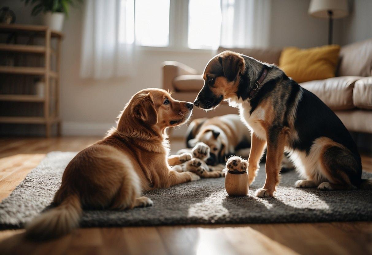 Two dogs greeting each other in a cozy living room