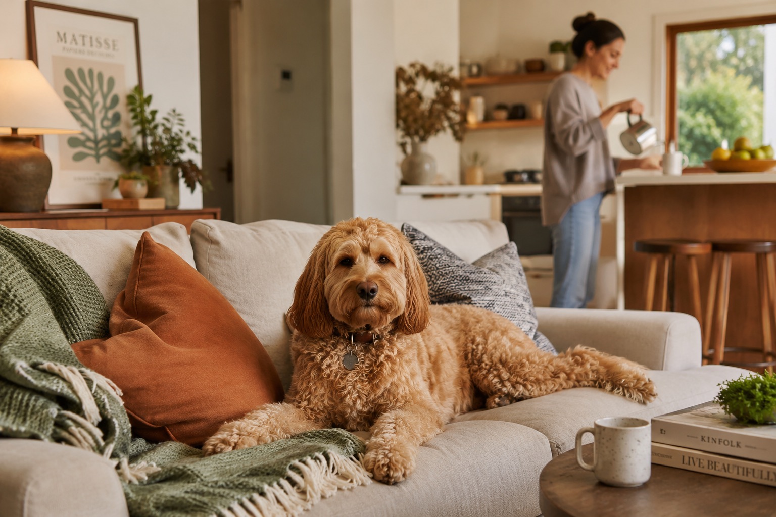 A dog settling onto a friend's couch while an owner makes tea nearby.