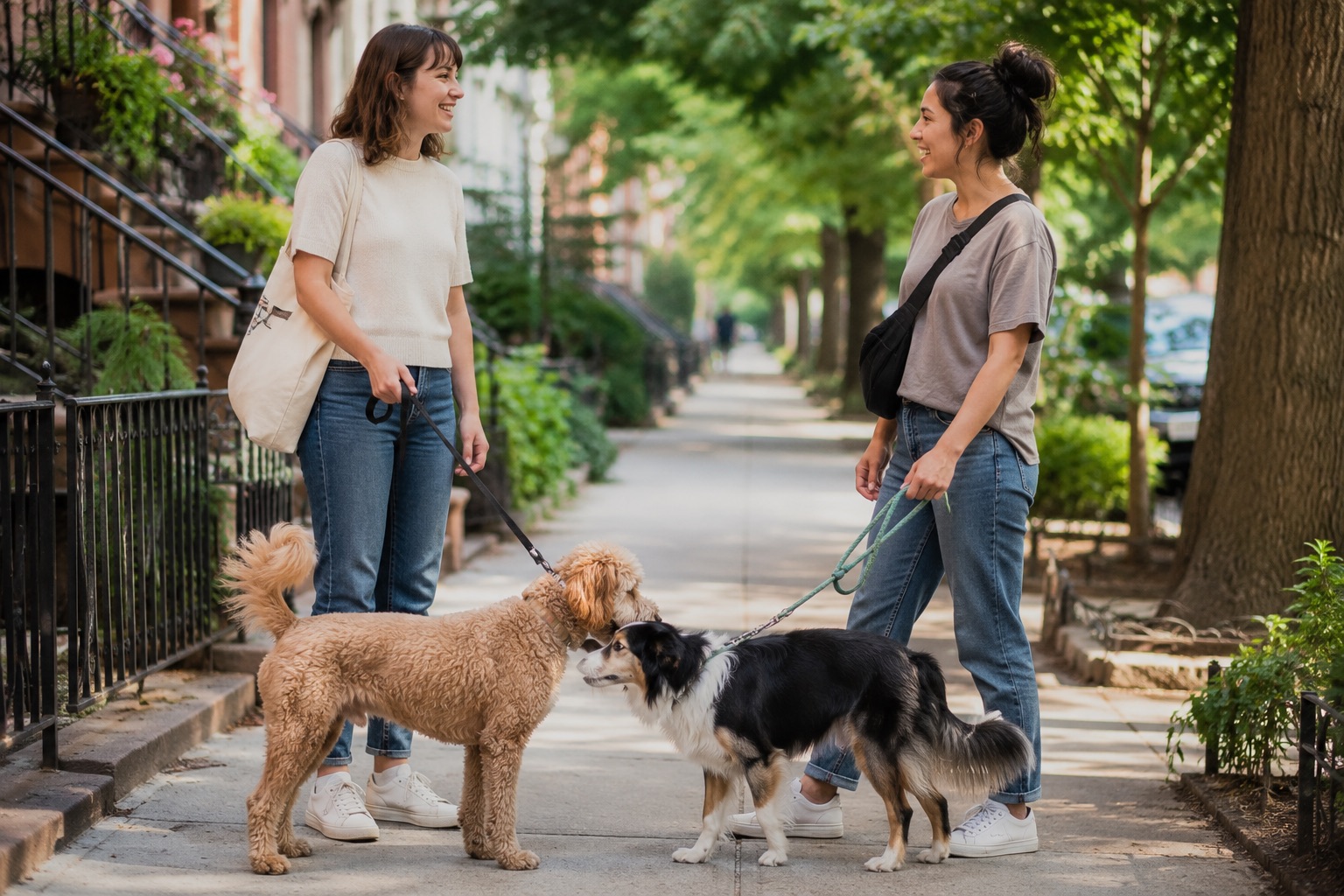 Two owners chatting on a sidewalk while their dogs sniff and greet.