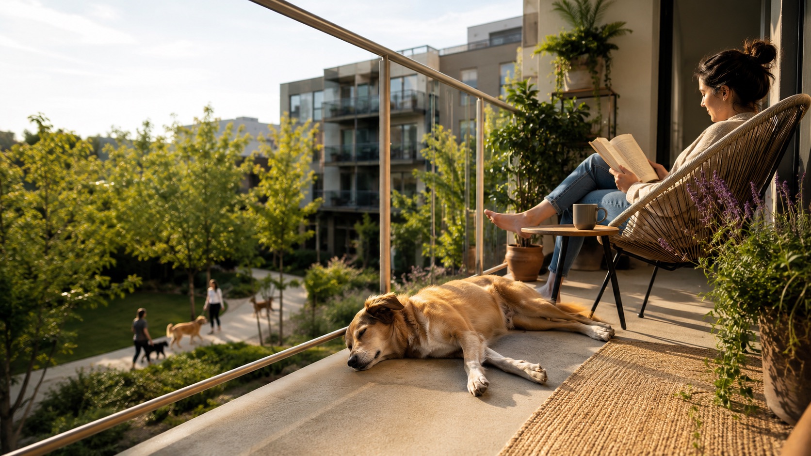 A dog stretched out on a sunny apartment balcony as its owner reads nearby.