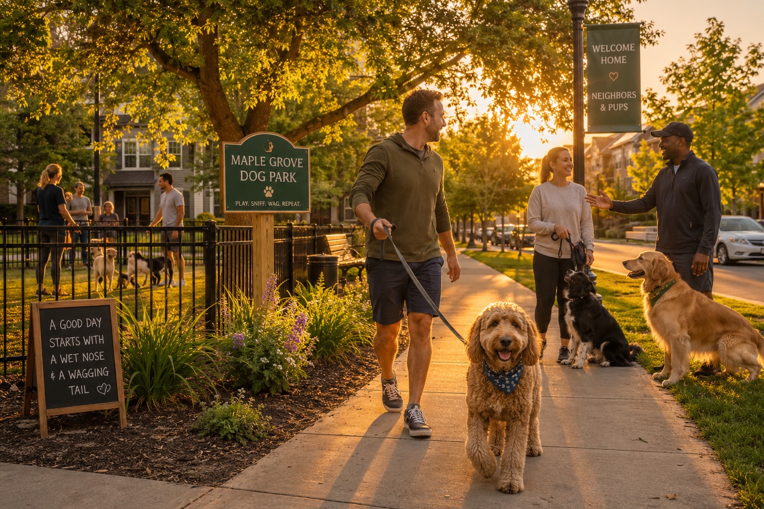 A dog leading a walk past a leafy neighborhood dog park at golden hour.