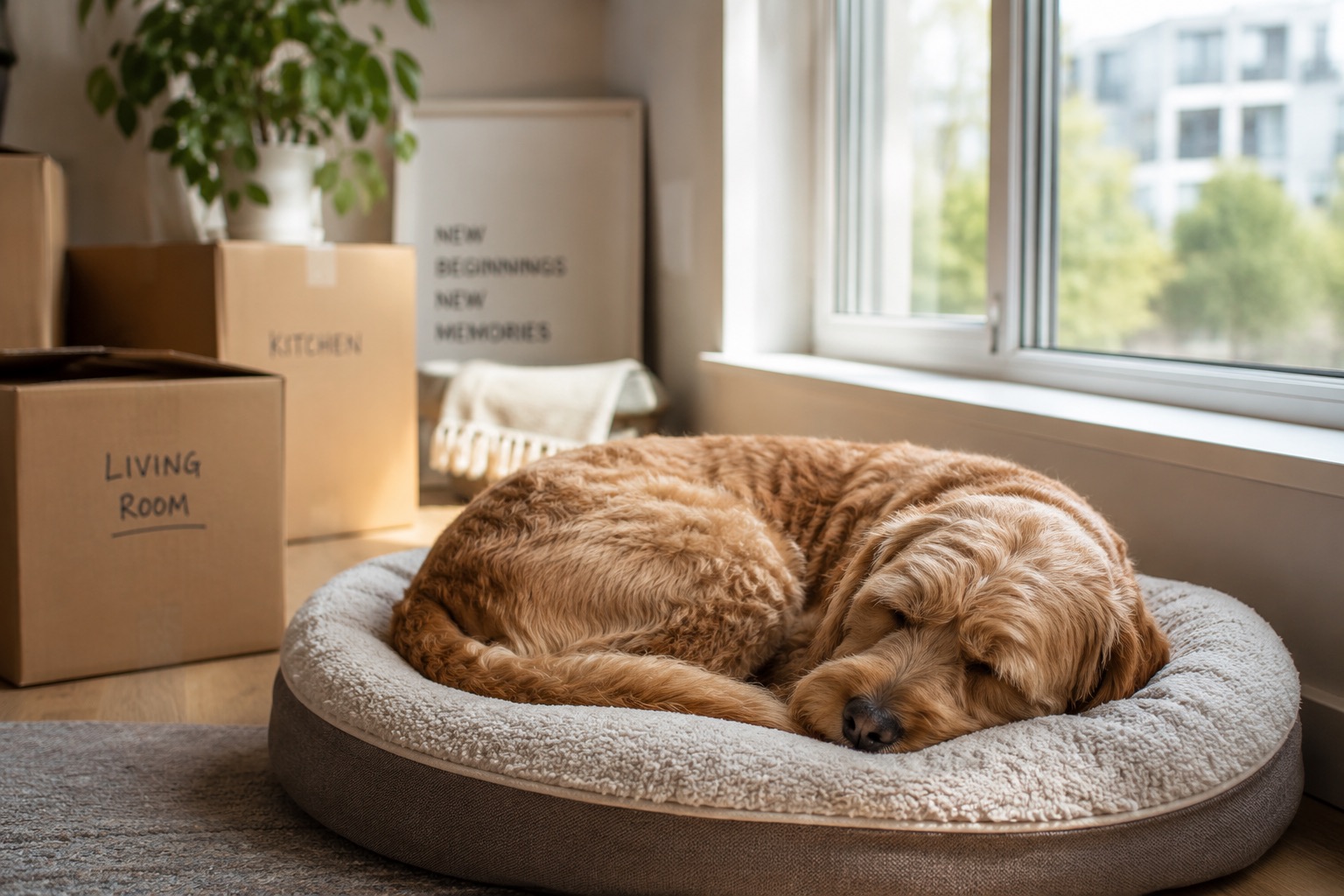 A dog curled asleep by a bright window in a new apartment with moving boxes behind.
