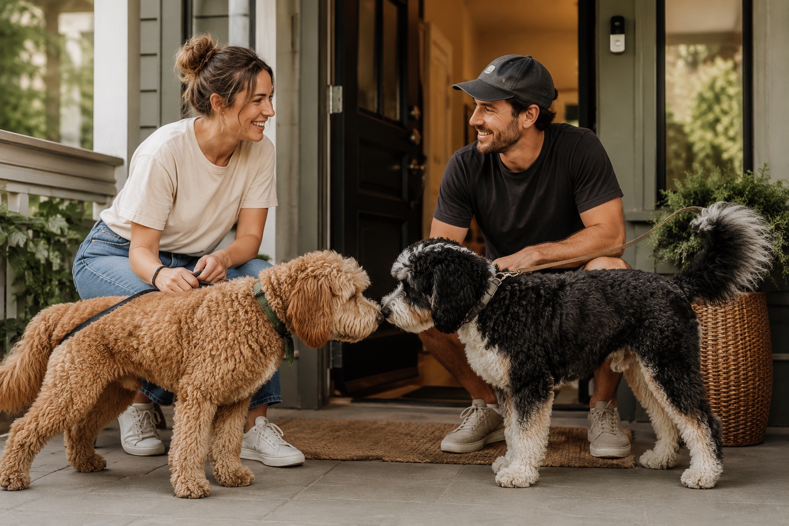 An owner and prospective host meeting on a porch while their dogs sniff and greet.