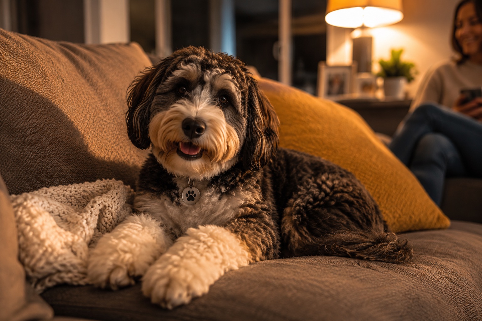 A dog settling onto a host's couch in evening light during a stay.