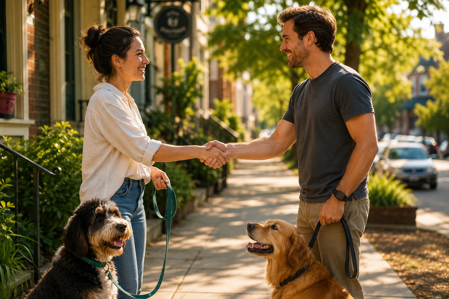 Two owners trading a leash and a handshake on a sunny sidewalk, their dogs beside them.