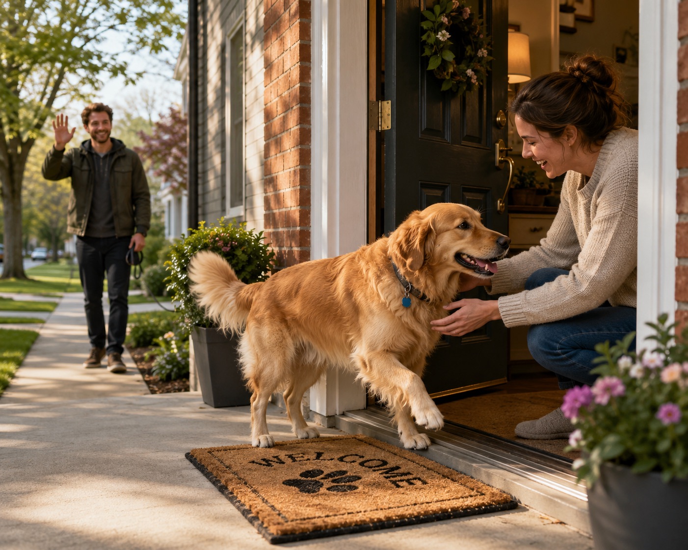 A dog welcomed onto a friend's doorstep as its owner waves goodbye from the walk.