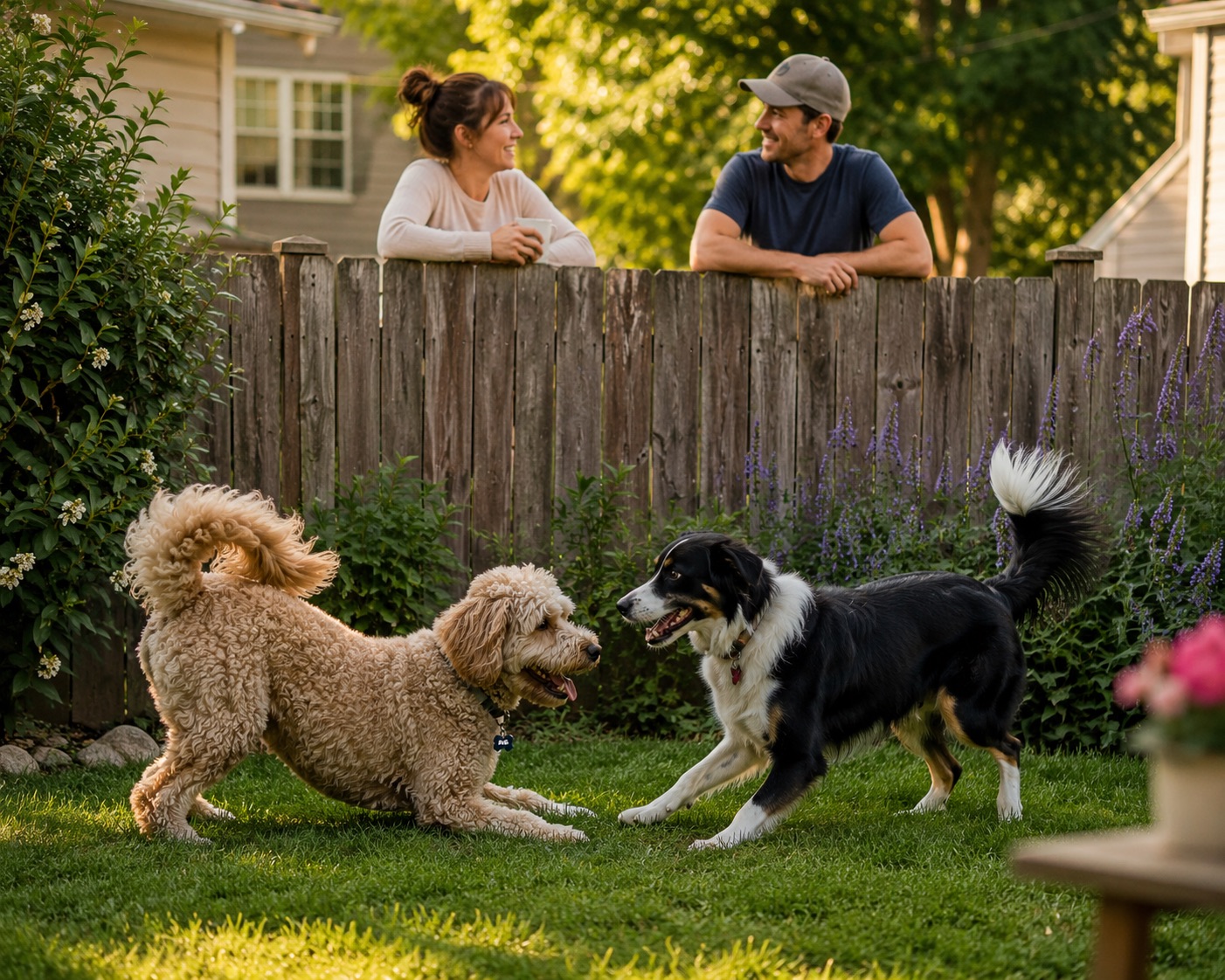 Two dogs playing in a backyard while their owners chat over the fence.