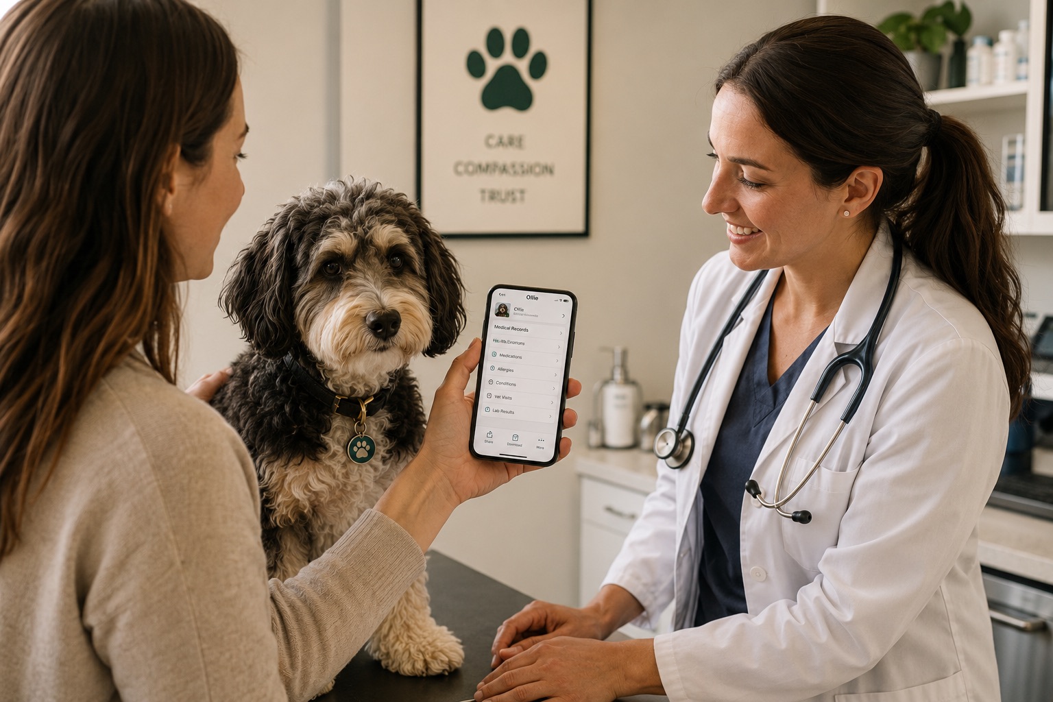 A dog steady on a vet exam table as a phone showing its record is held between owner and vet.