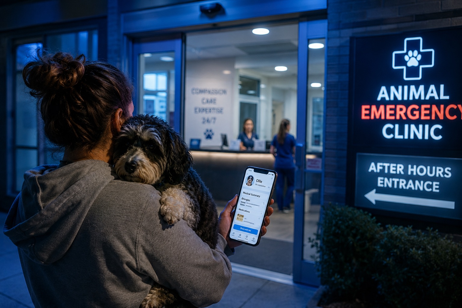 An owner carrying a dog into an after-hours emergency clinic at night, phone in hand.