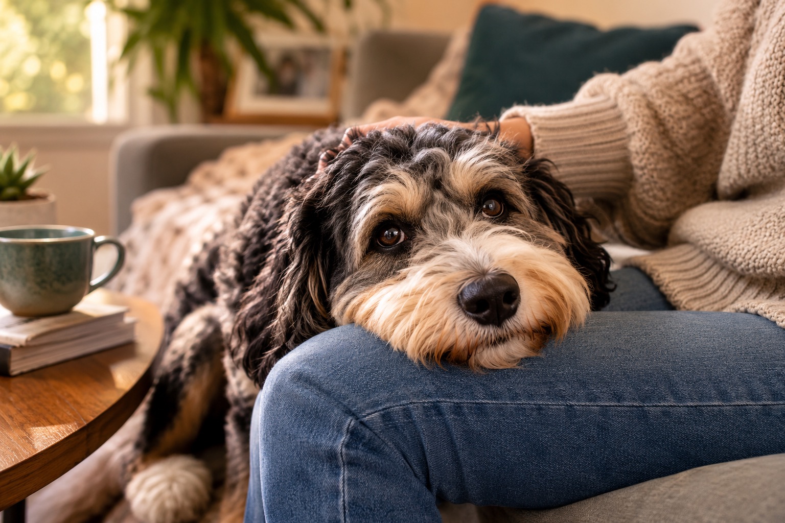 A healthy dog resting its chin on its owner's knee at home.