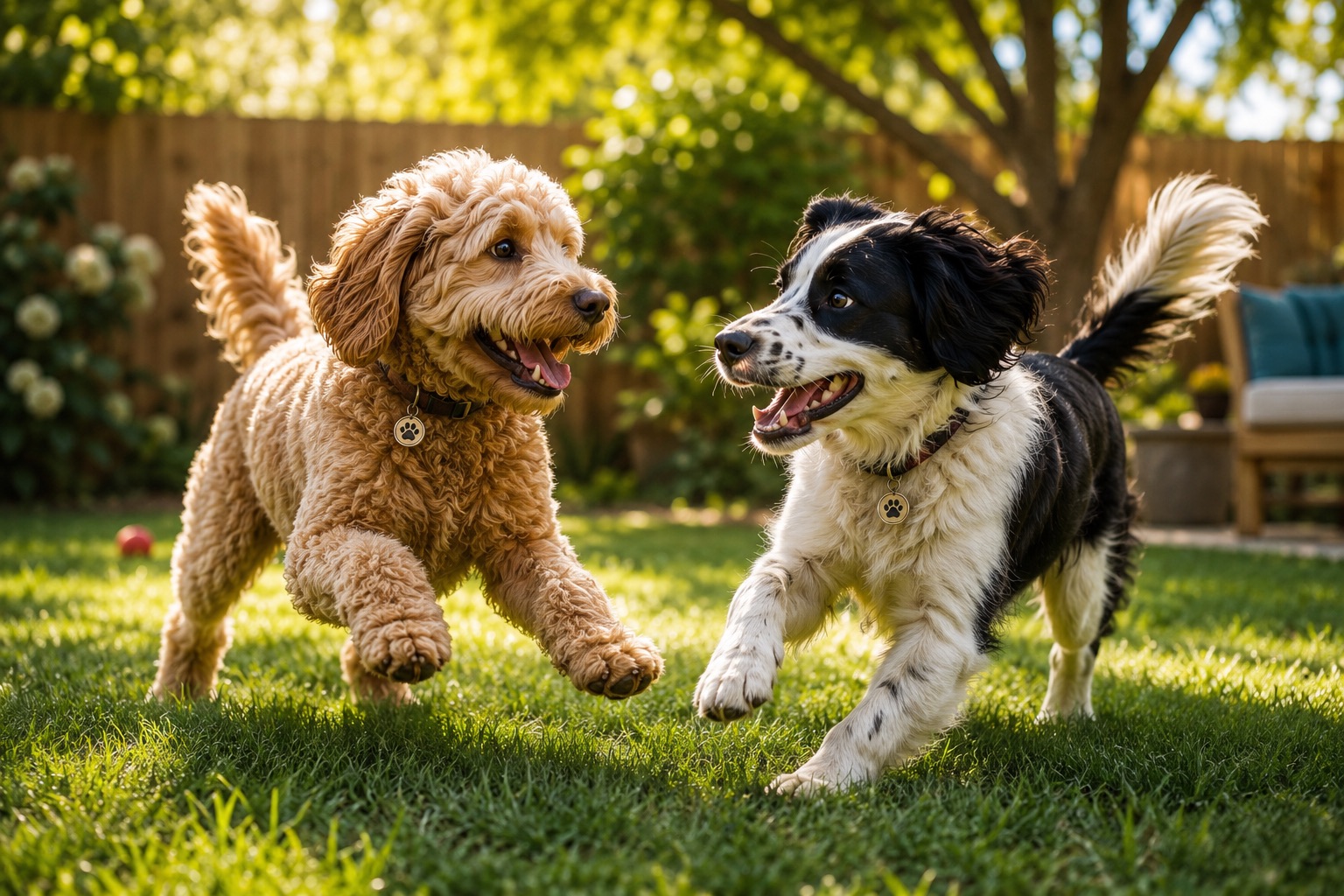 Two well-matched dogs playing in a sunny yard.