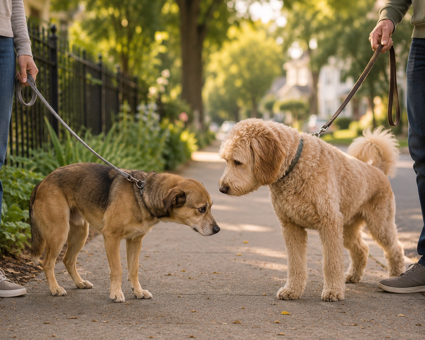 A shy dog warming up to a calm dog on a quiet walk.