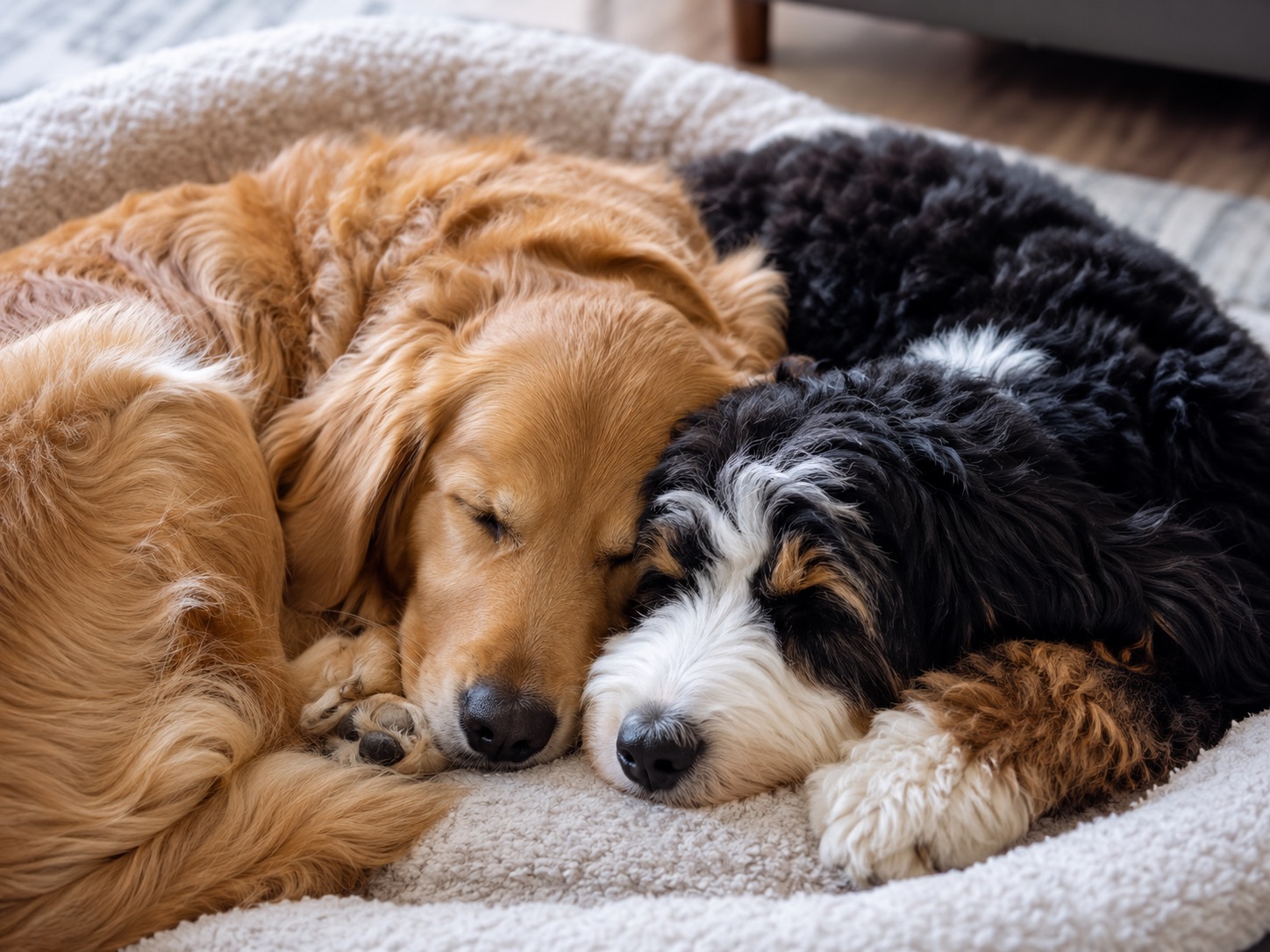 Two dogs curled together asleep after a play session.