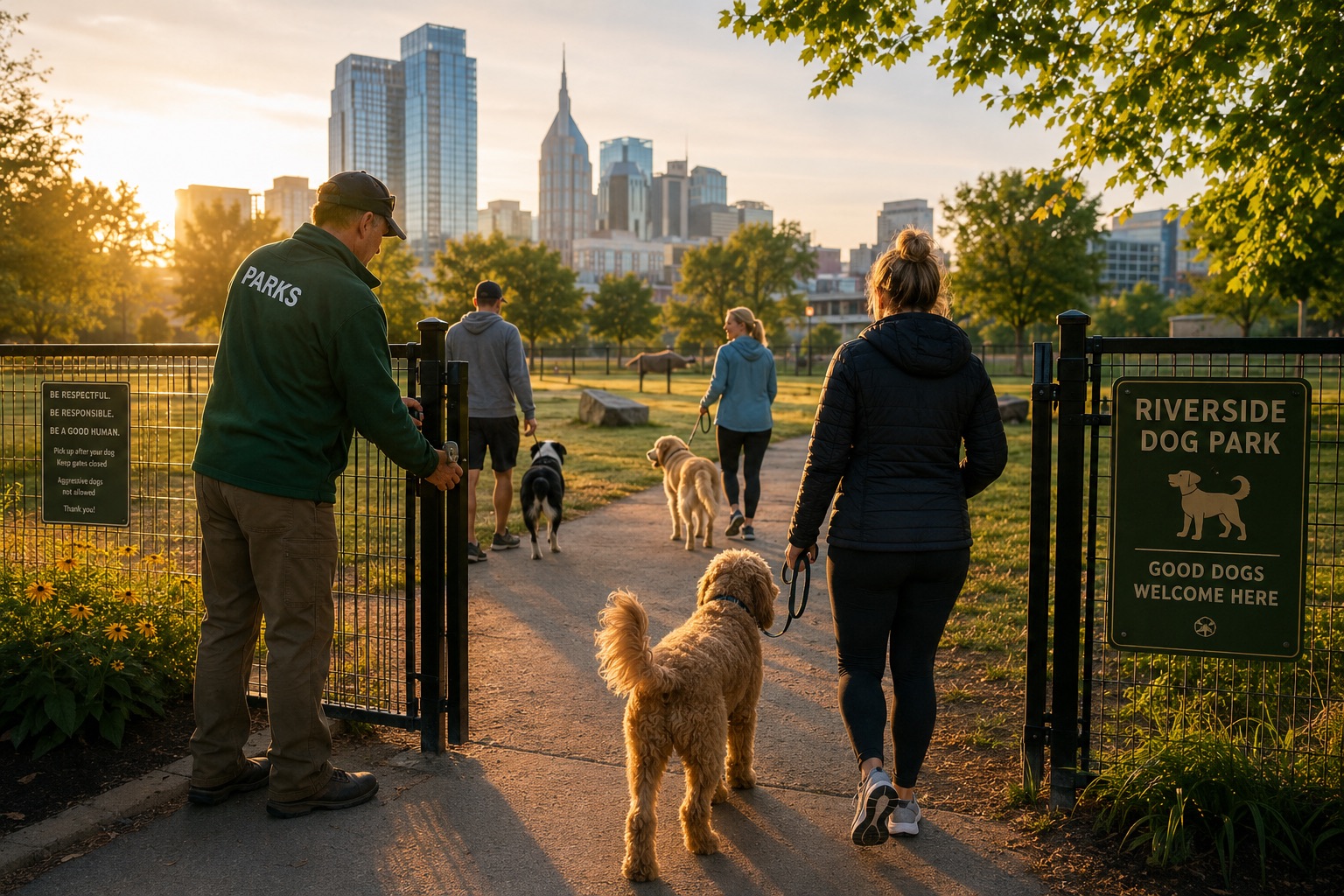 Dog owners and their dogs at a city dog park