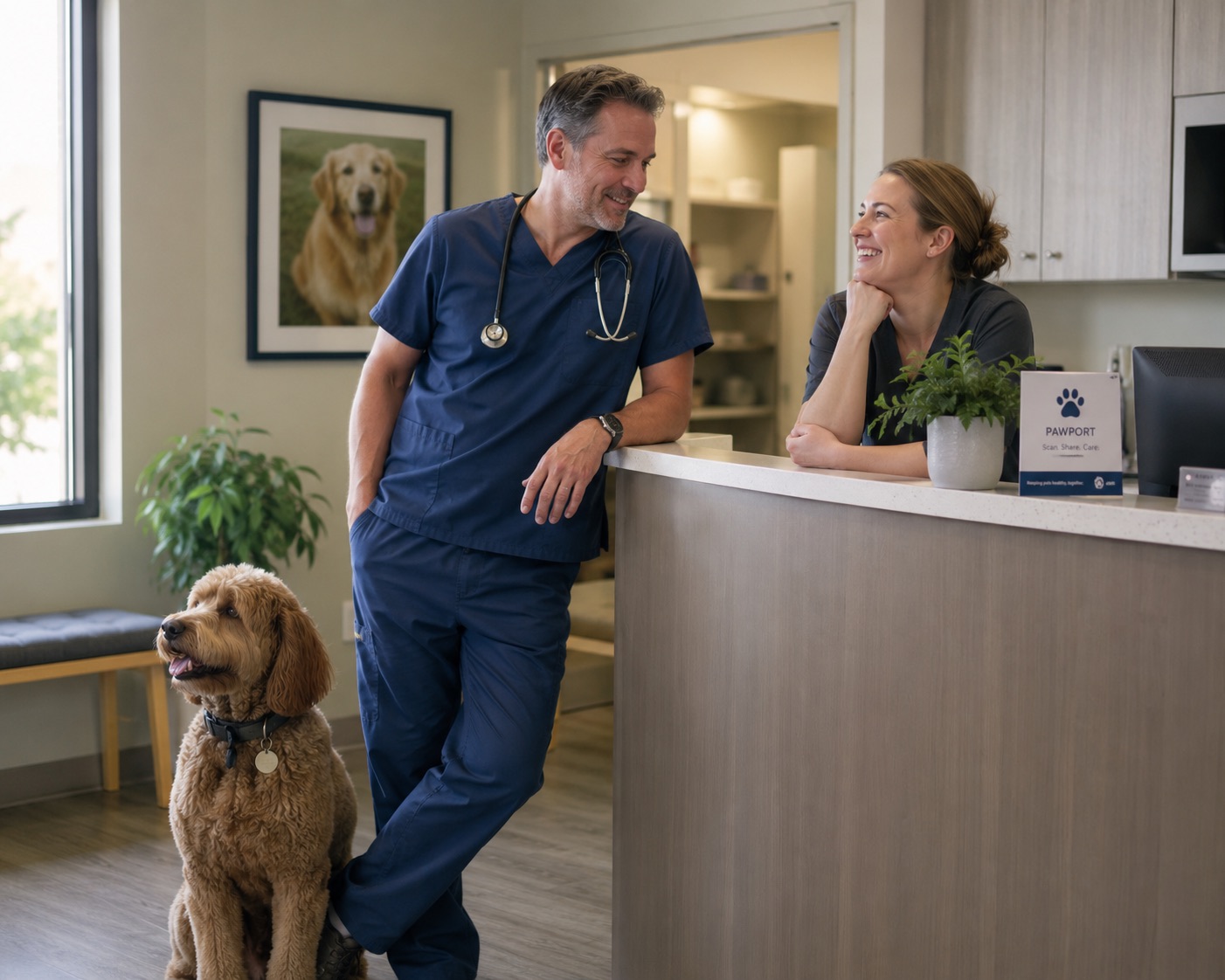 A dog and owner at the vet