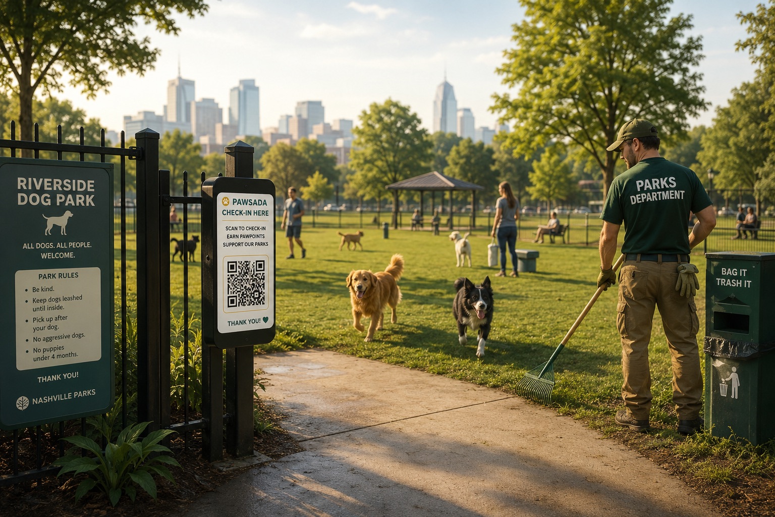 A public dog park in the morning with a QR gate post, dogs playing, and a parks worker checking the grounds.