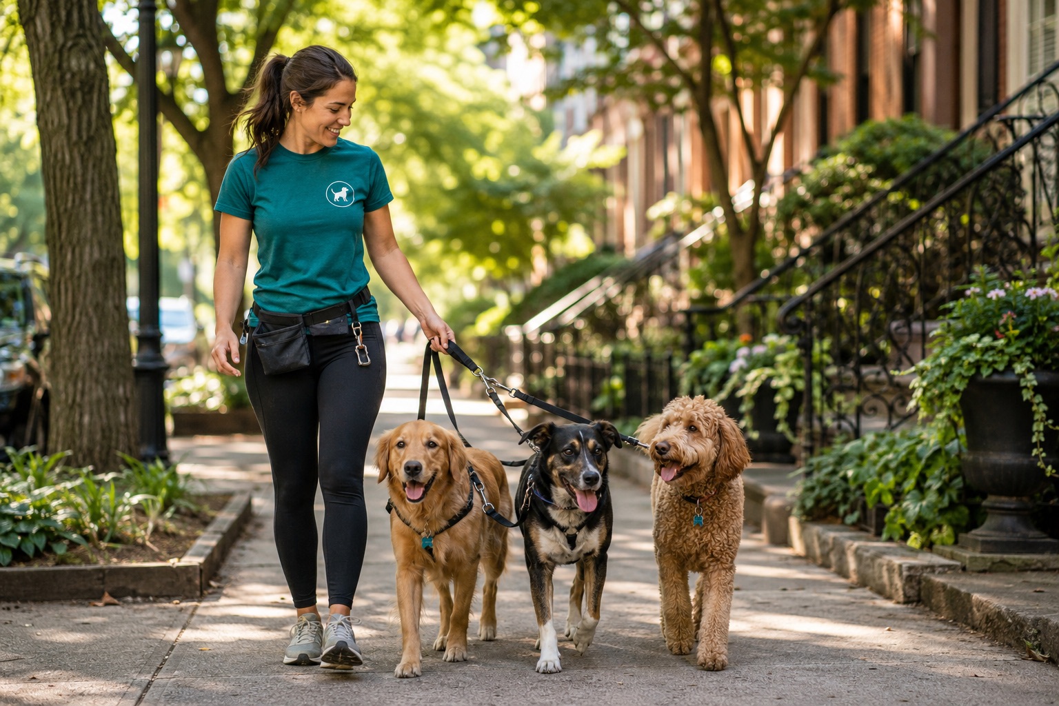A professional dog caregiver out with dogs