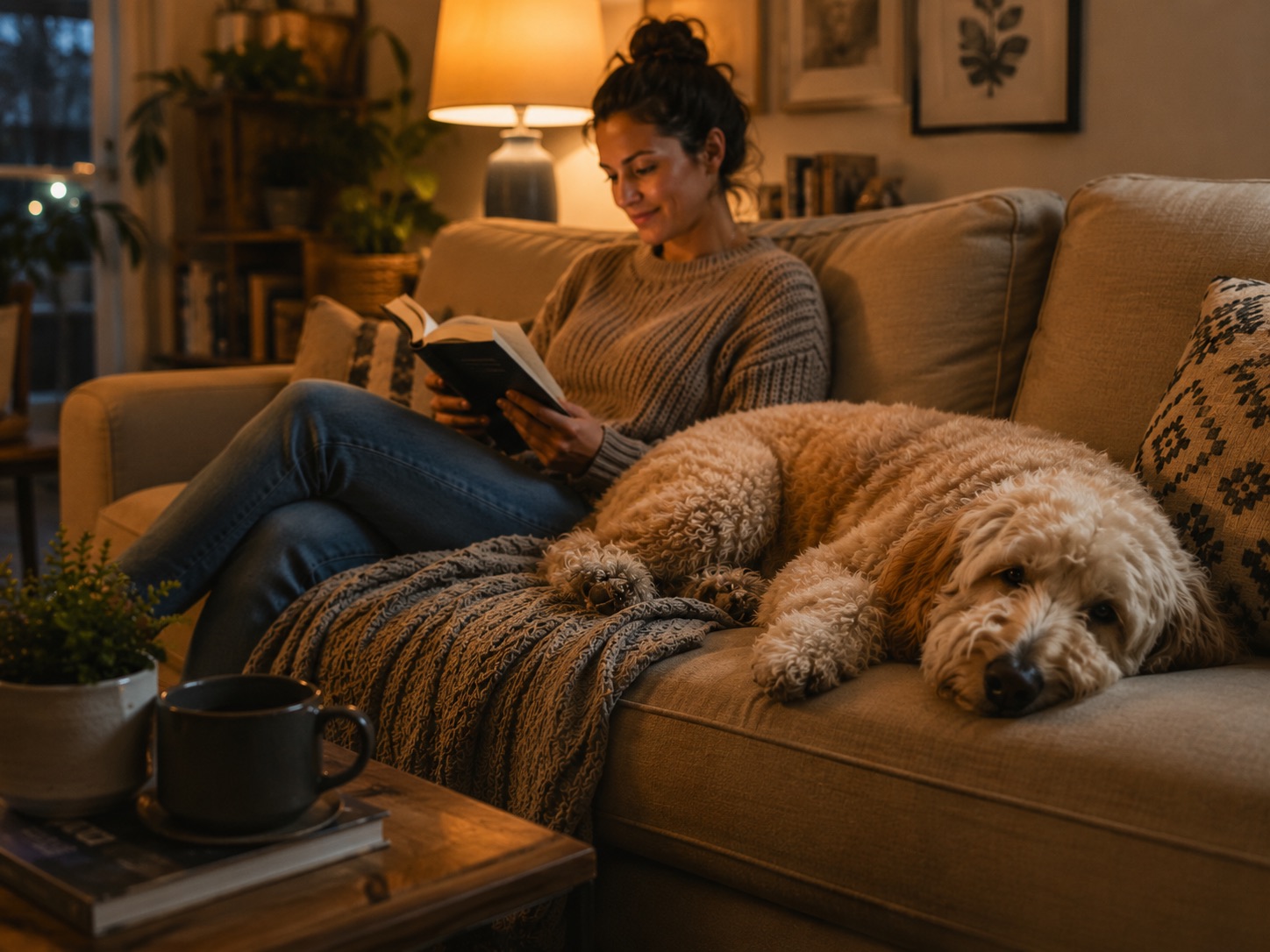 A dog relaxed on a couch in a living room as its owner reads nearby in warm lamplight.
