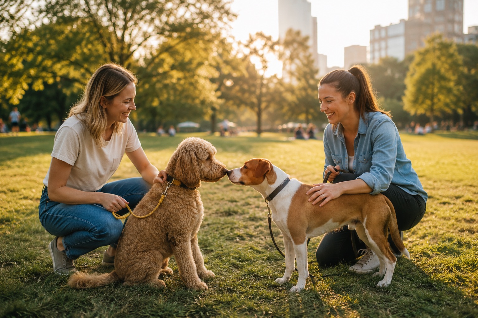 Two owners meeting at a park, one dog greeting the other, in late-afternoon light.