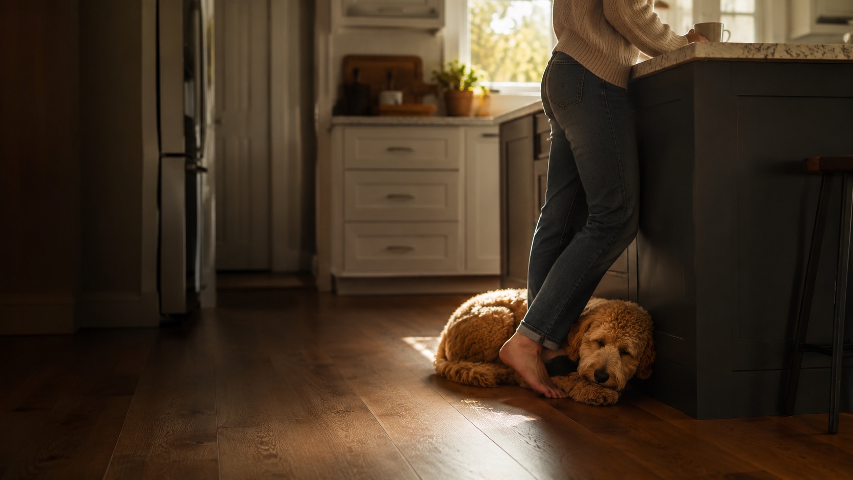 A dog curled at a host's feet on a kitchen floor in morning light, coffee on the counter.