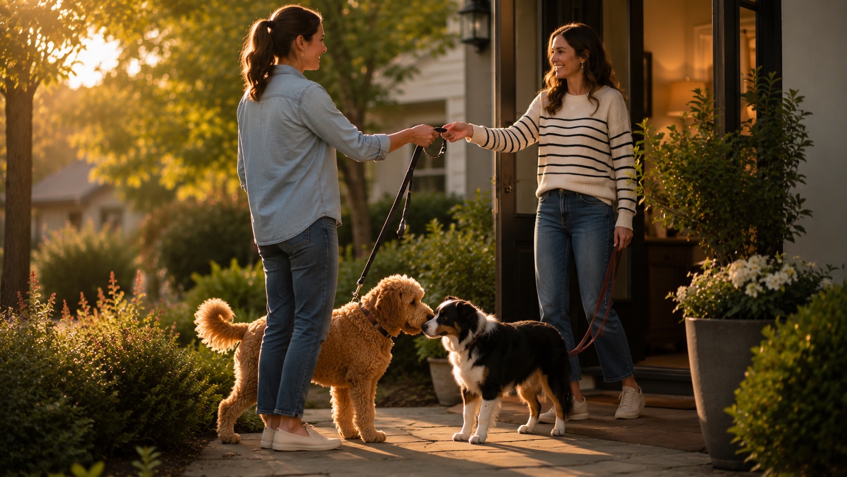 An owner handing a leash to a neighbor at a front door as both dogs sniff hello at golden hour.