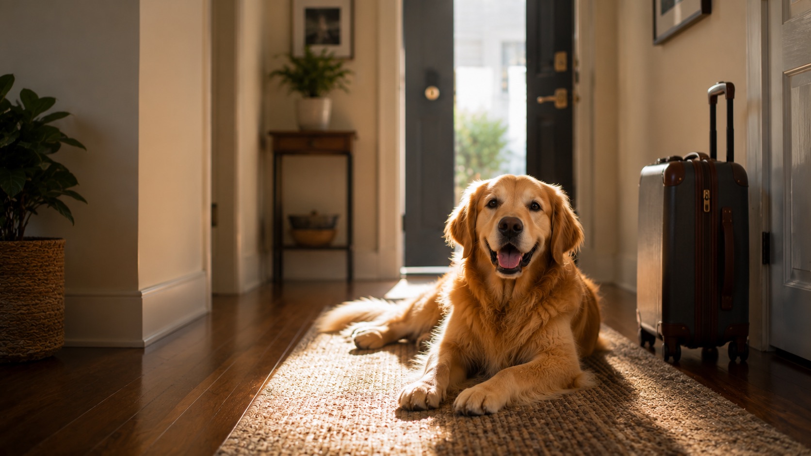A dog stretched out in a sunlit home hallway with a suitcase by the door.