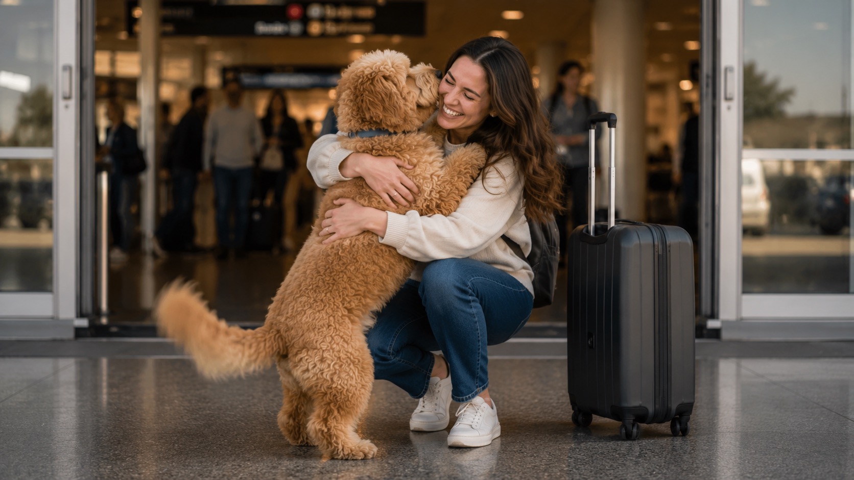 A dog greeting its owner at the airport arrivals door, tail mid-wag.