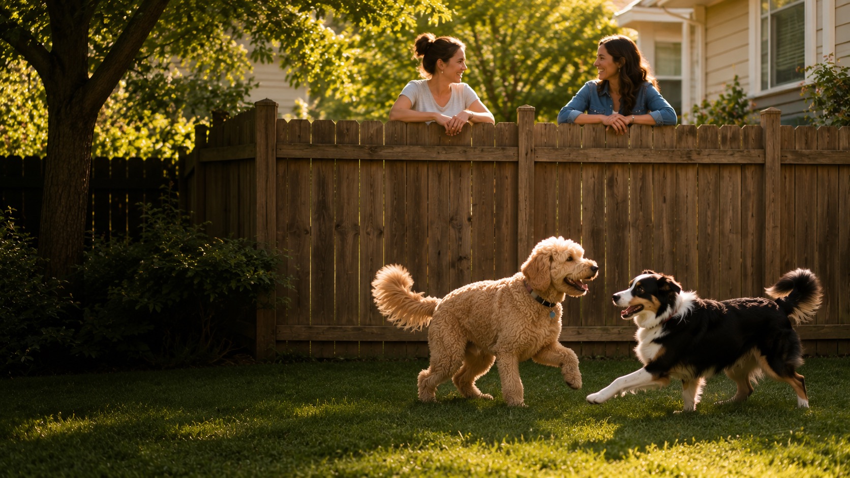 Two dogs playing in a fenced backyard while two owners chat over the fence on a sunny afternoon.