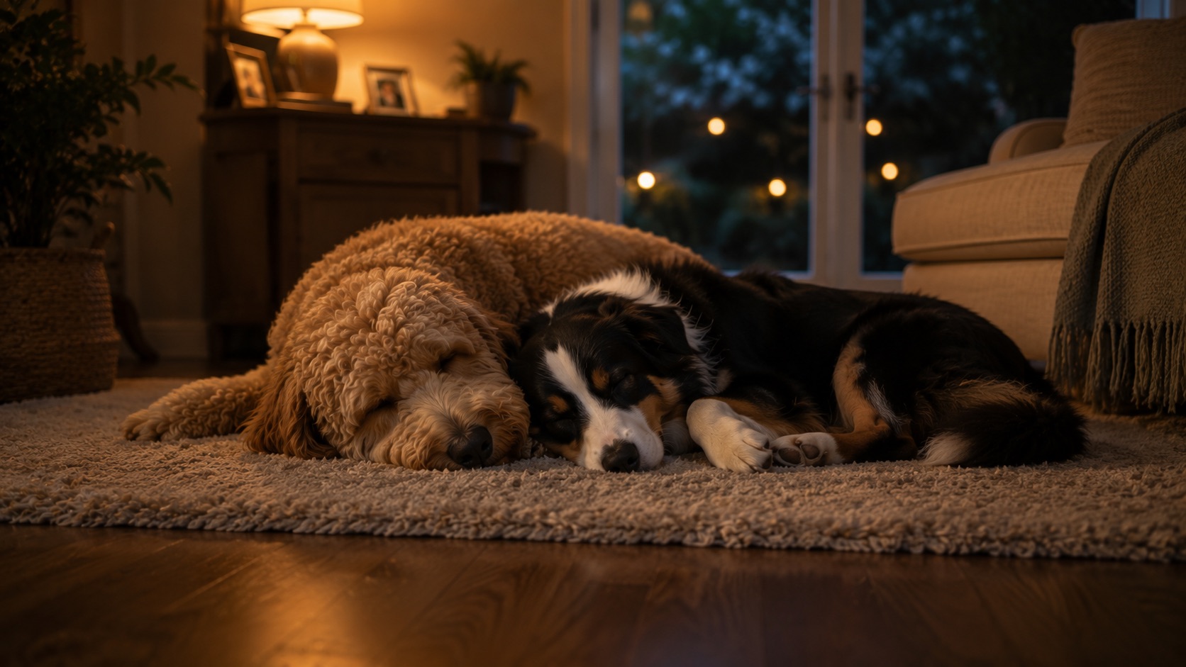 A guest dog and host dog dozing together on a rug at dusk.
