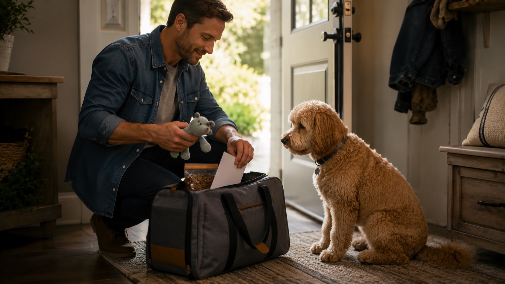 An owner packing a dog's bag by the door as the dog watches.