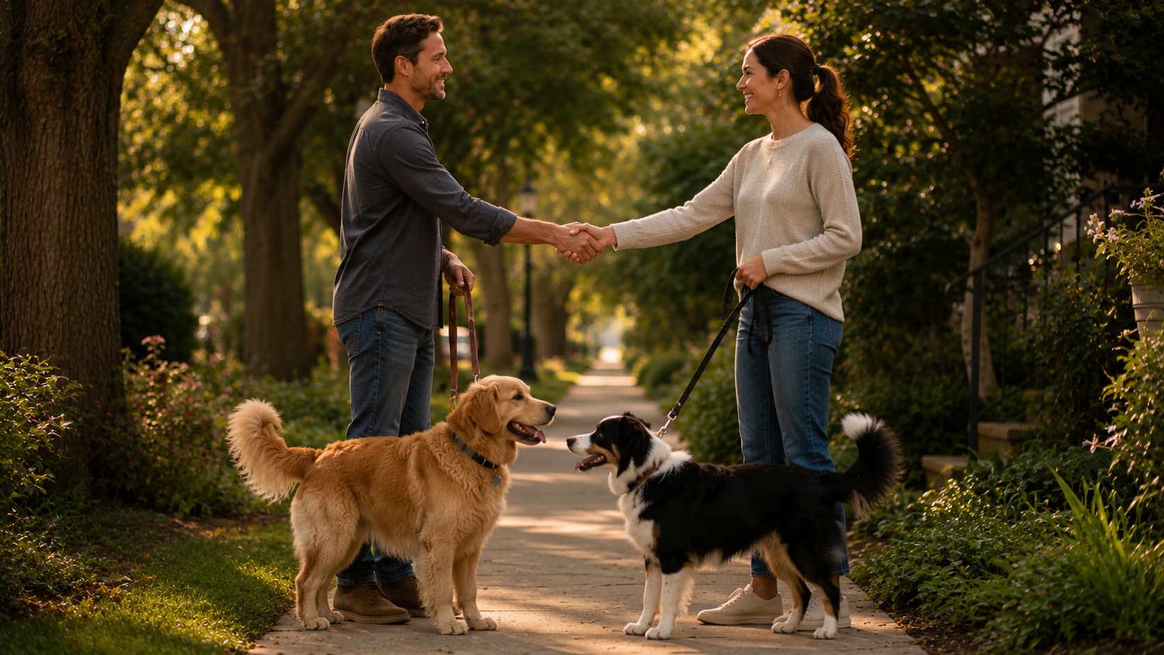 Two owners and their dogs finishing a meet-and-greet walk with a handshake on a tree-lined path.