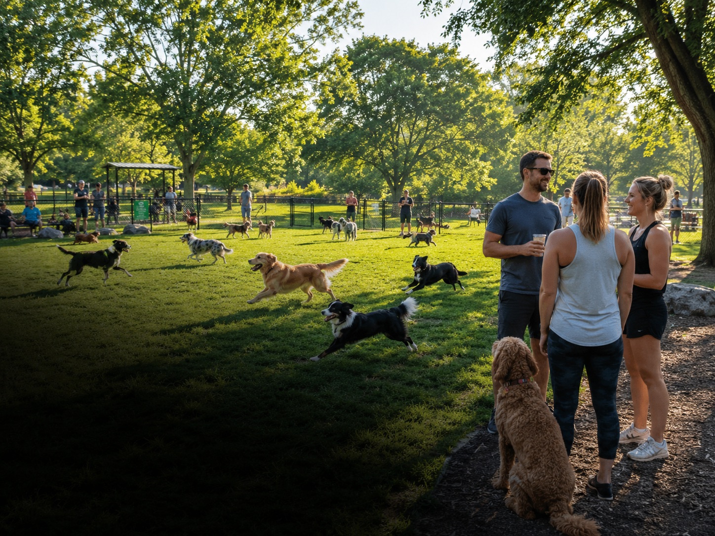 Dogs playing together at a fenced dog park