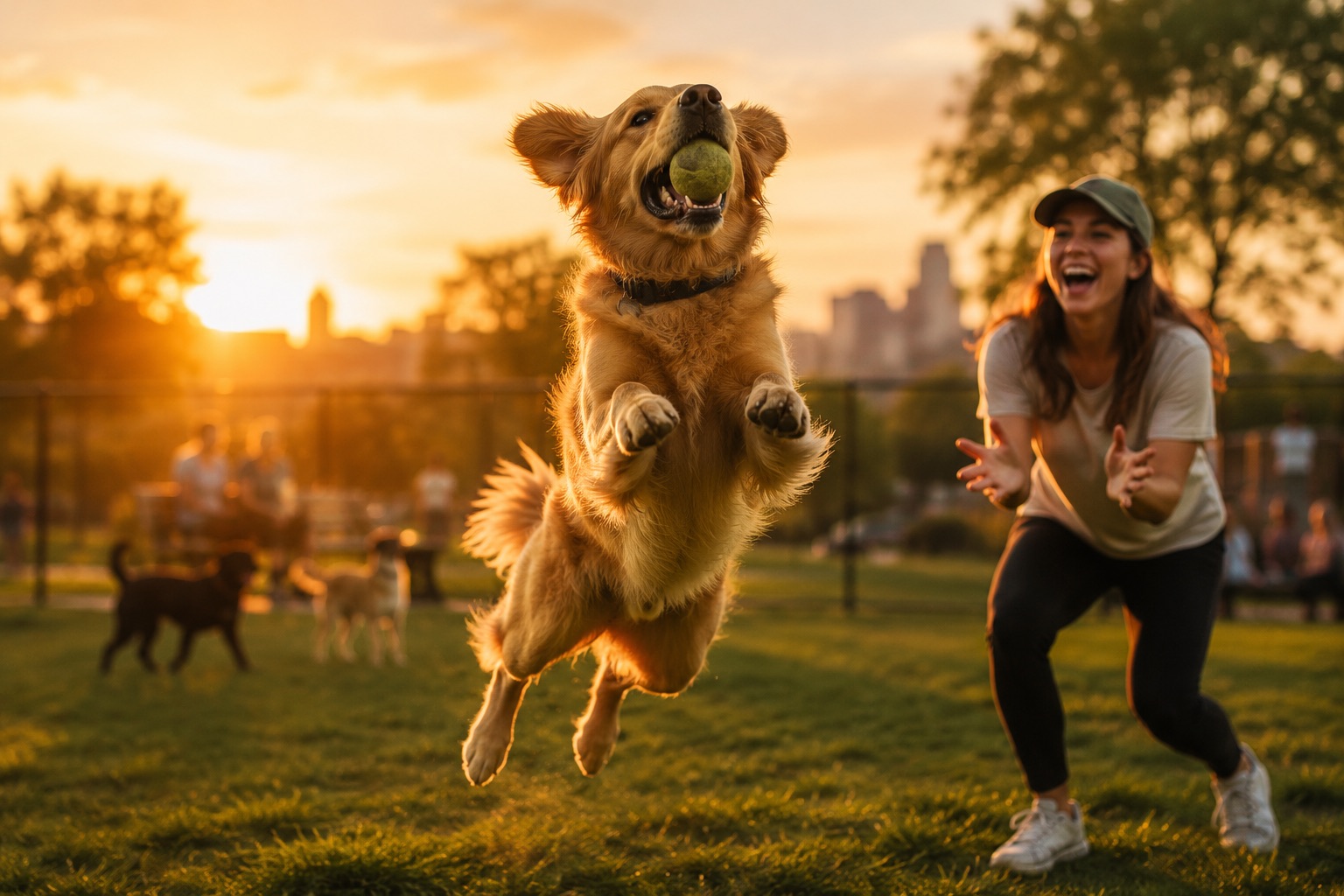 A dog mid-run across an open park