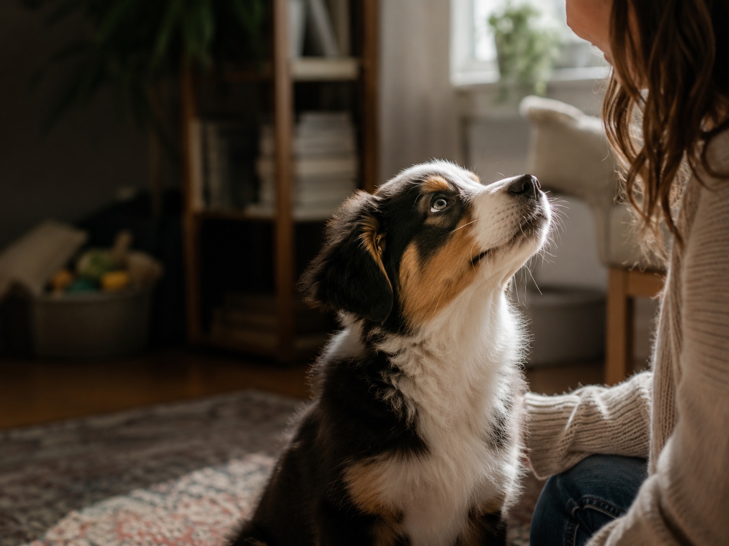 A new puppy gazing up at its owner in soft home light.