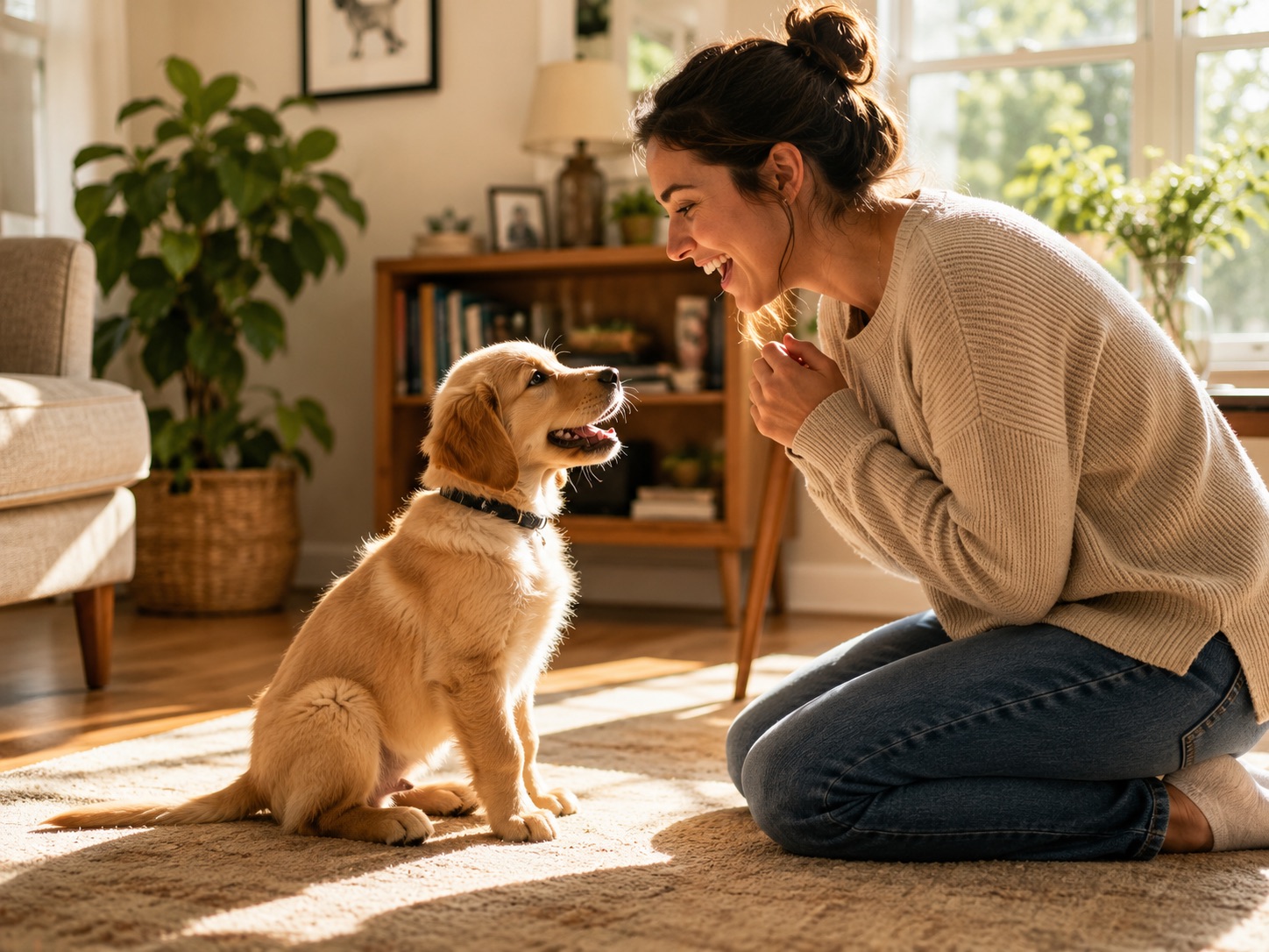A puppy responding to its owner across a sunlit room as the owner kneels.