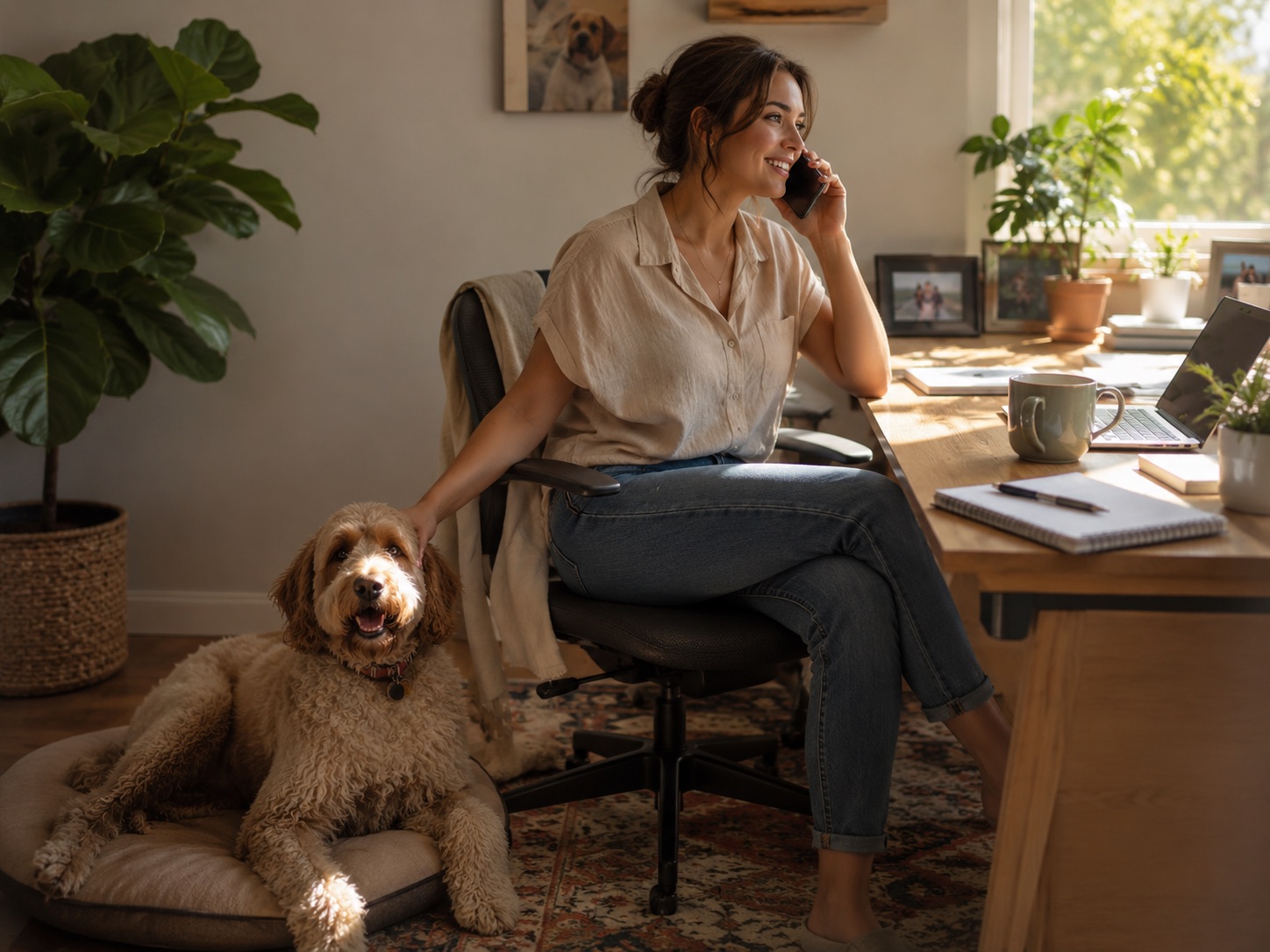 A person at a sunlit desk with a dog resting beside their chair, phone in hand.