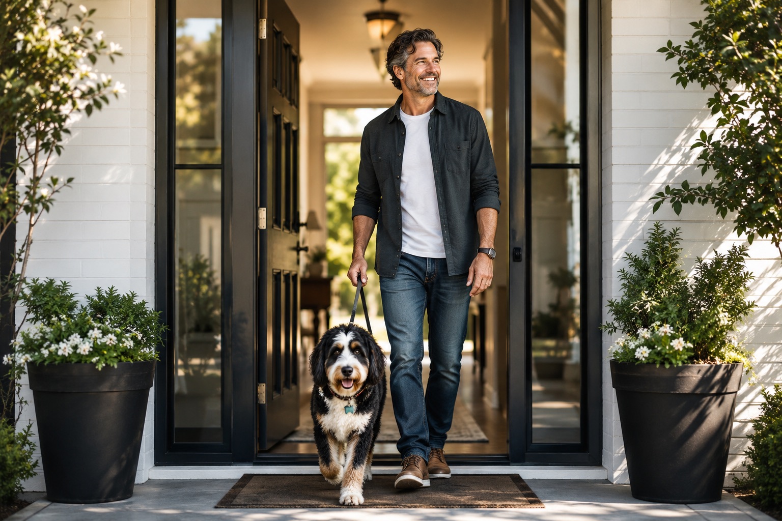 An owner and dog stepping out a front door into morning light.