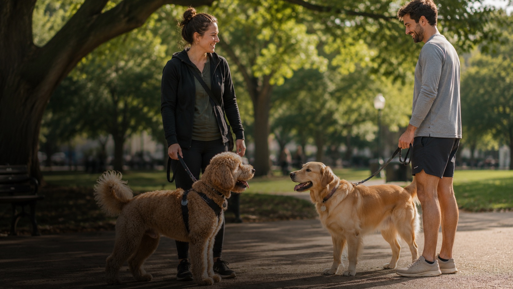 Two owners and their dogs at a calm meet-and-greet in a public park.