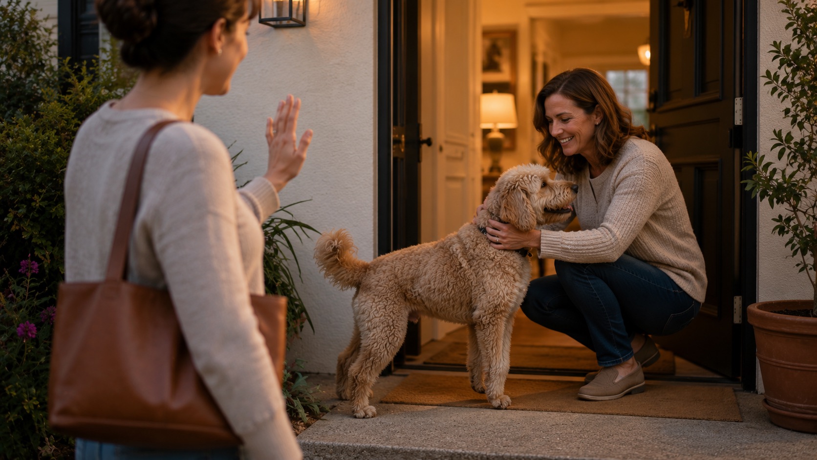 An owner watching as their dog settles happily with a trusted host.