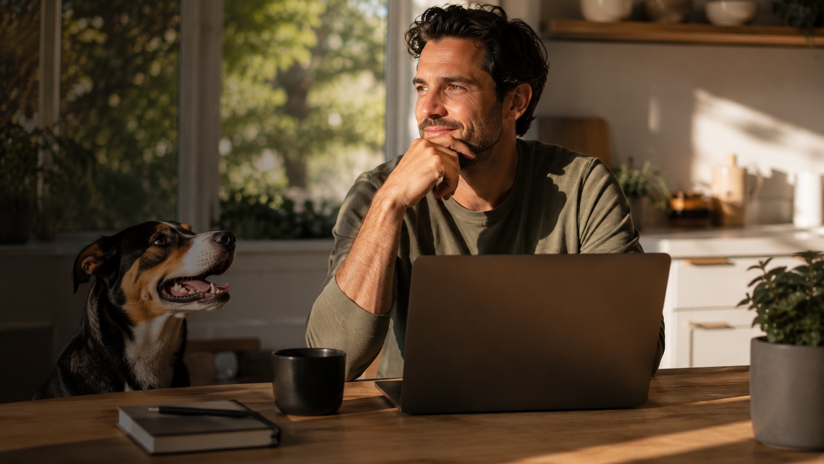 An owner with their dog and a laptop at a sunny kitchen table.