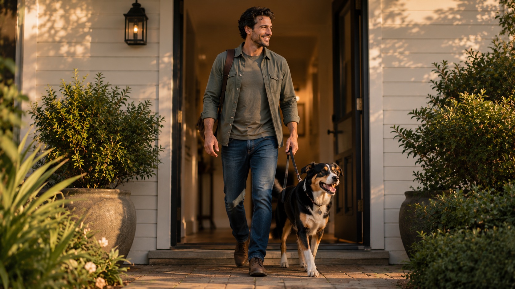 An owner and happy dog heading out together on a bright doorstep.