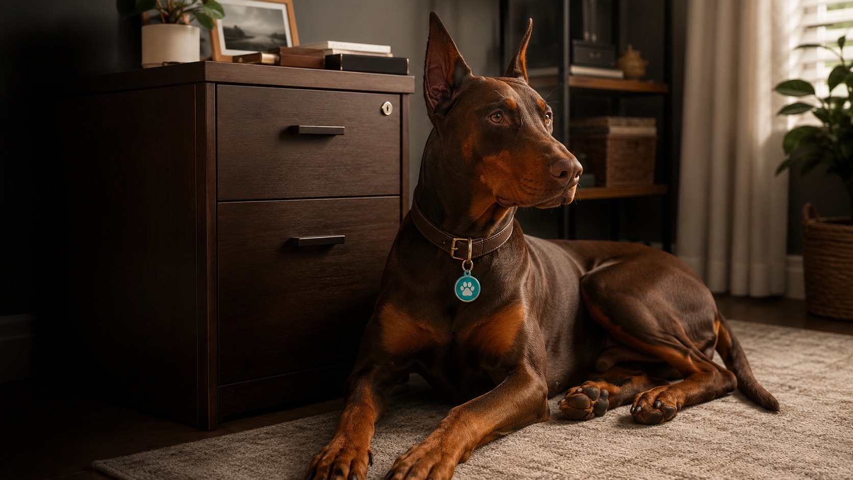 A dog resting beside a closed home file drawer in soft light.