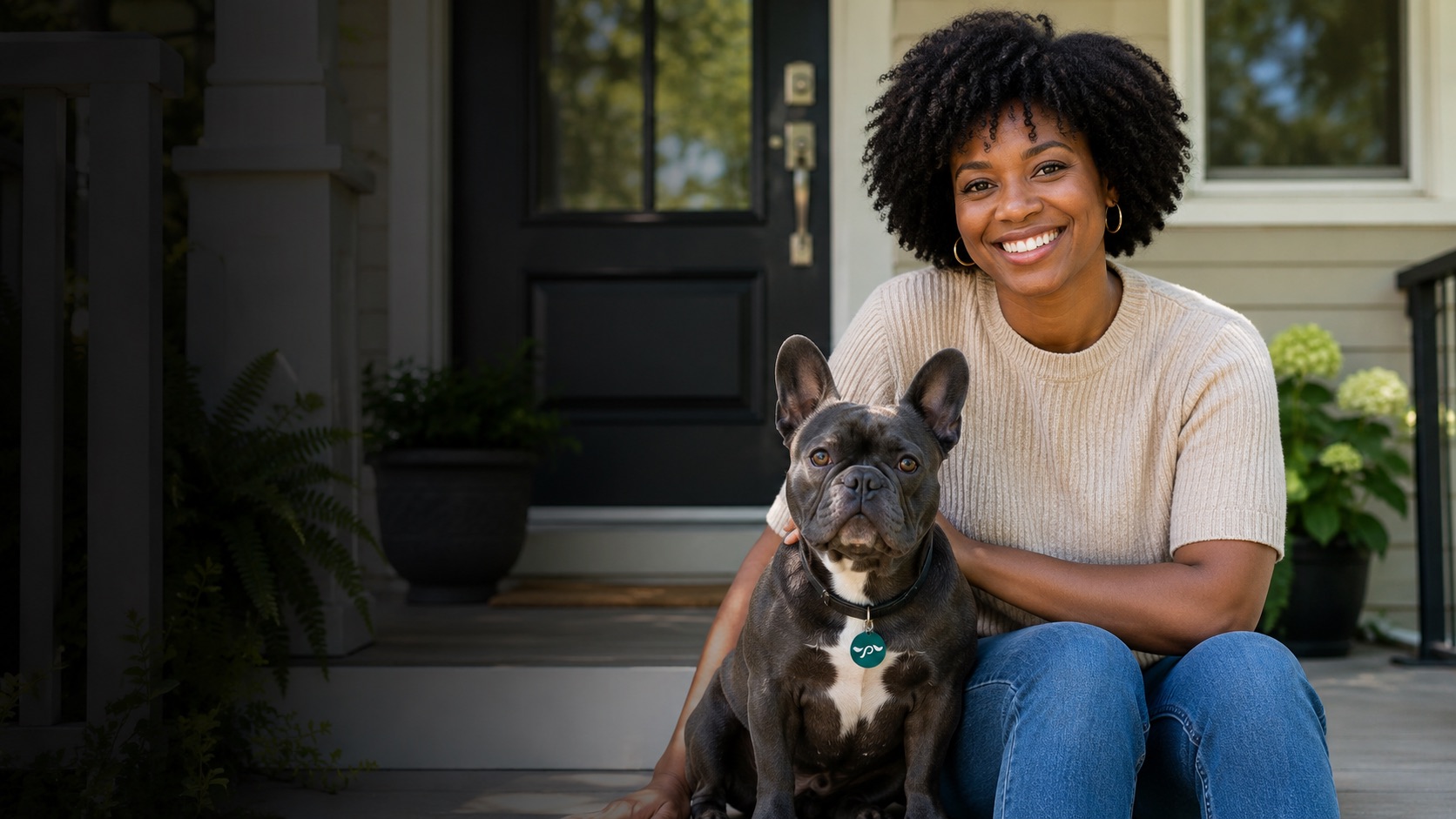 An owner and dog on a front porch in even daylight.