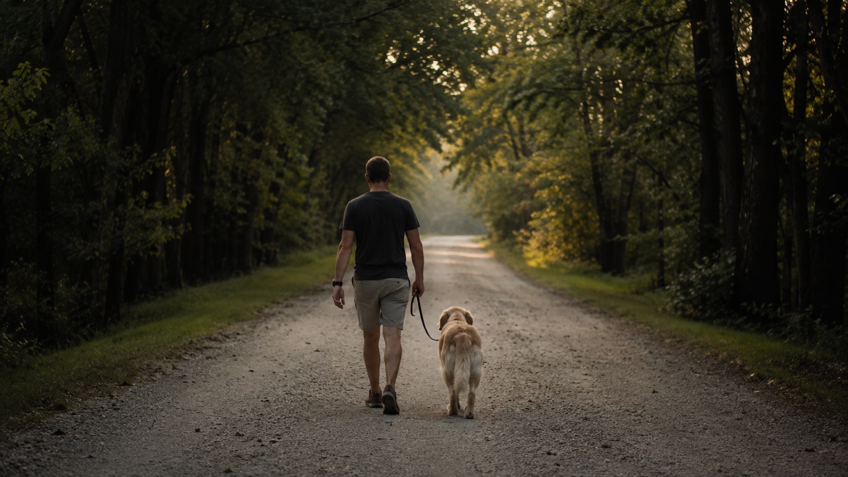 An owner and dog walking away together down a tree-lined path, seen from behind, open road ahead in soft afternoon light. Emotion: a whole life still to come. Full-bleed deep-toned close; keep the center calm for a centered white headline and one CTA.
