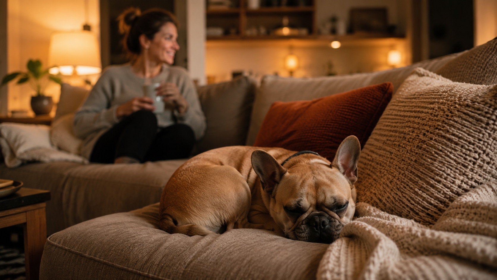 A dog curled on a couch in a cozy home with a host out of focus nearby in warm lamplight.