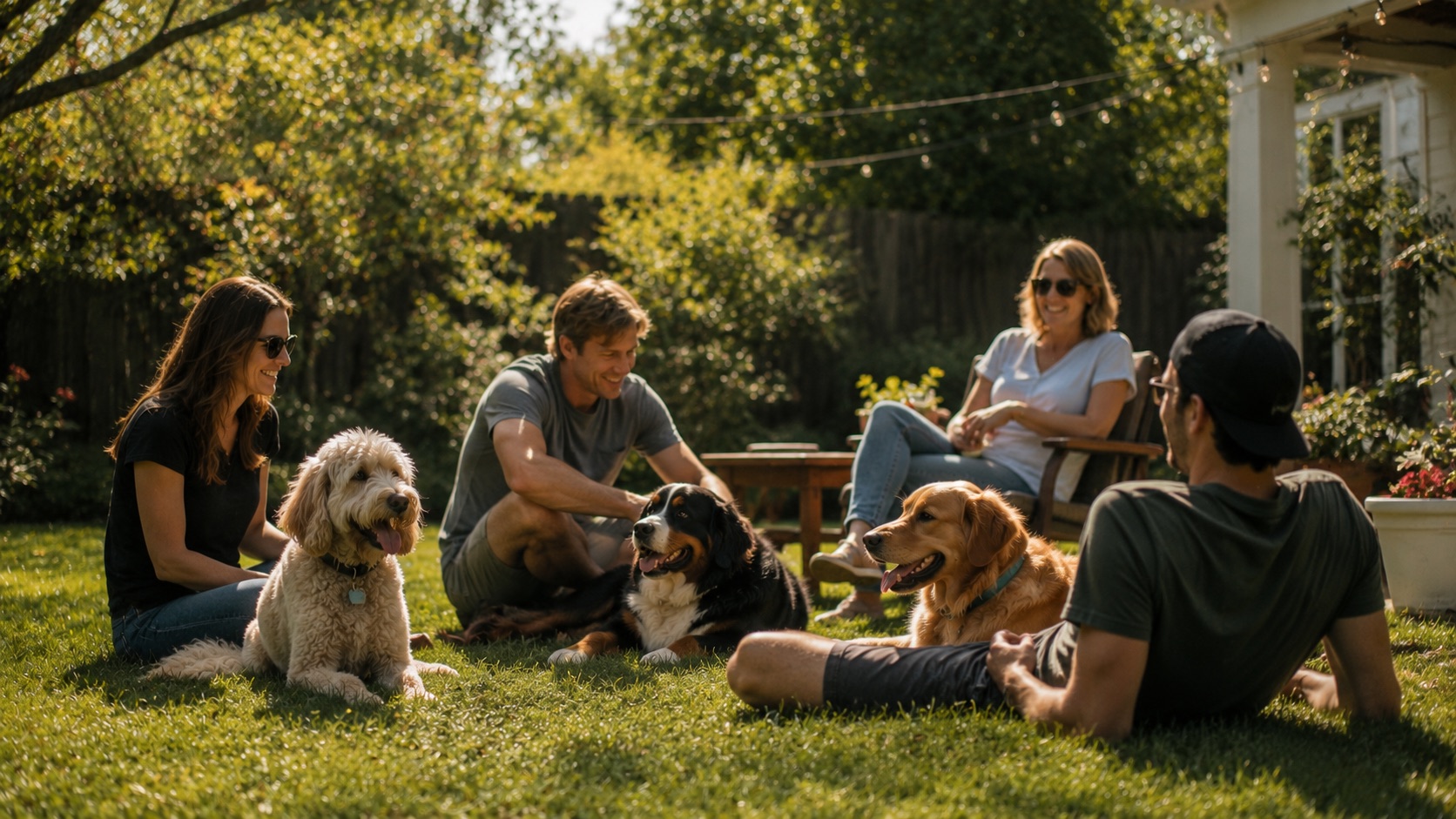 A small group of owners and their dogs together in a sunny backyard.