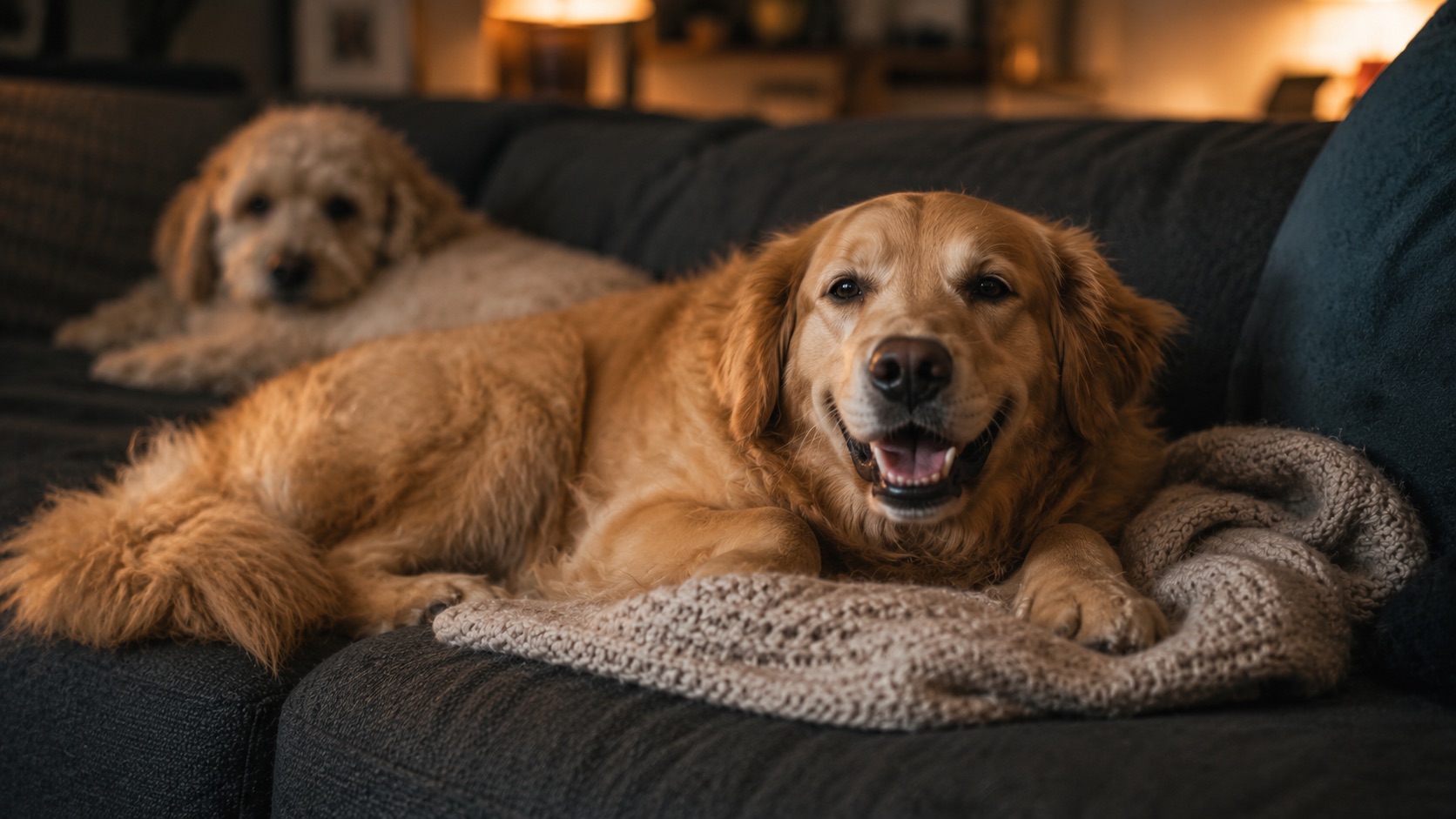 A golden retriever relaxes on a cozy living-room couch beside another dog in warm lamplight.