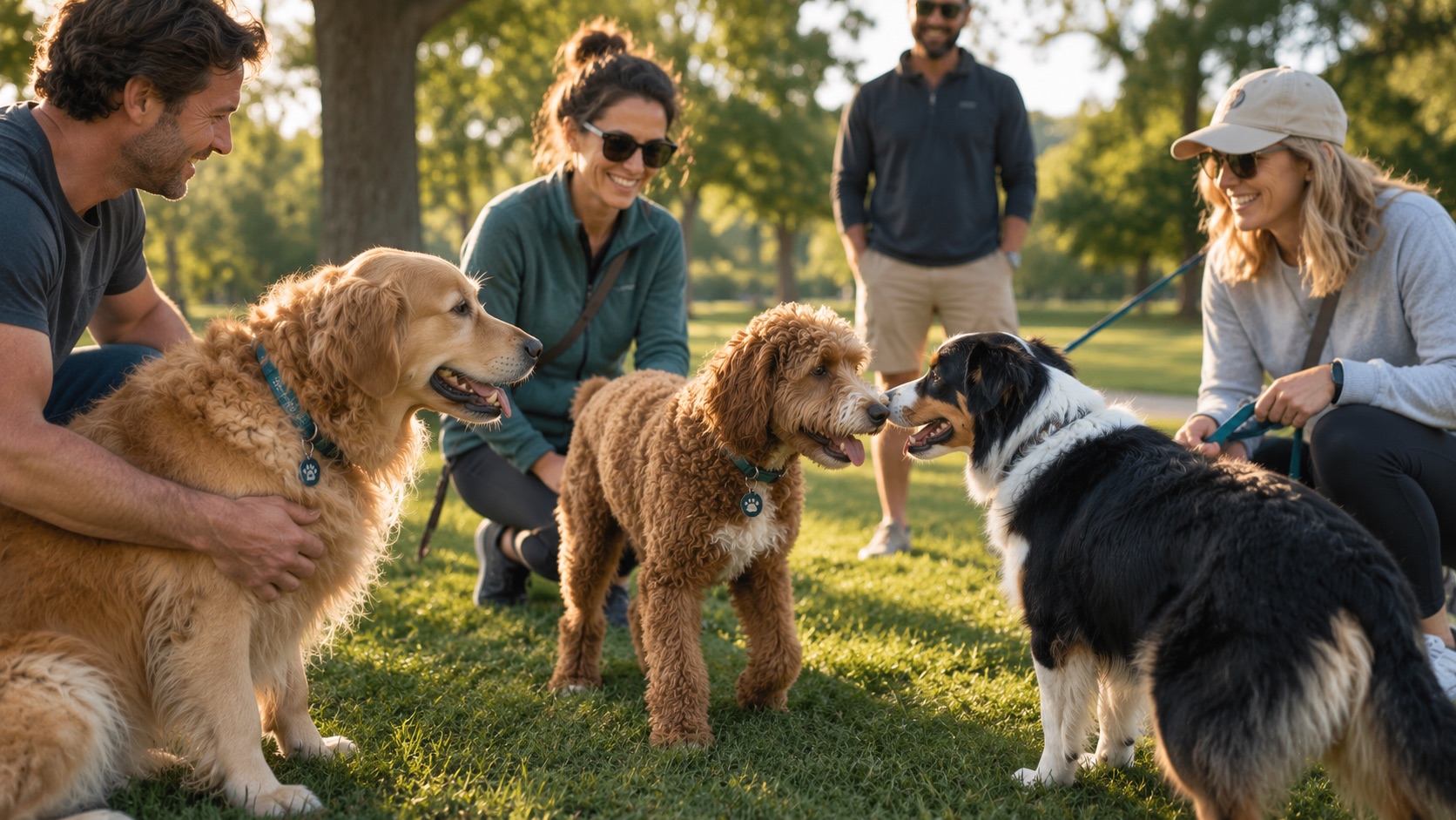 Several dog owners crouch on a sunny park lawn as their dogs sniff and greet one another.